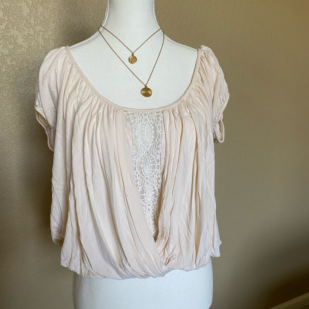 Free People Cream Embellished Cap Sleeve Blouse